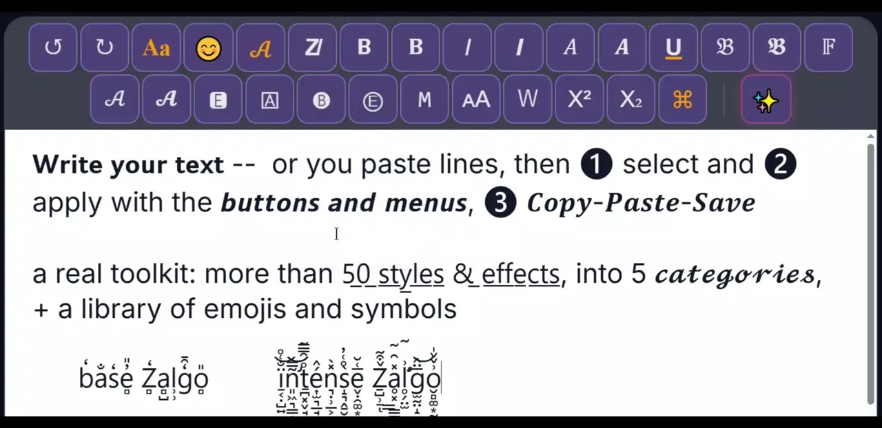 ETeext transforming plain text into fancy fonts, Glitch and Zalgo styles.