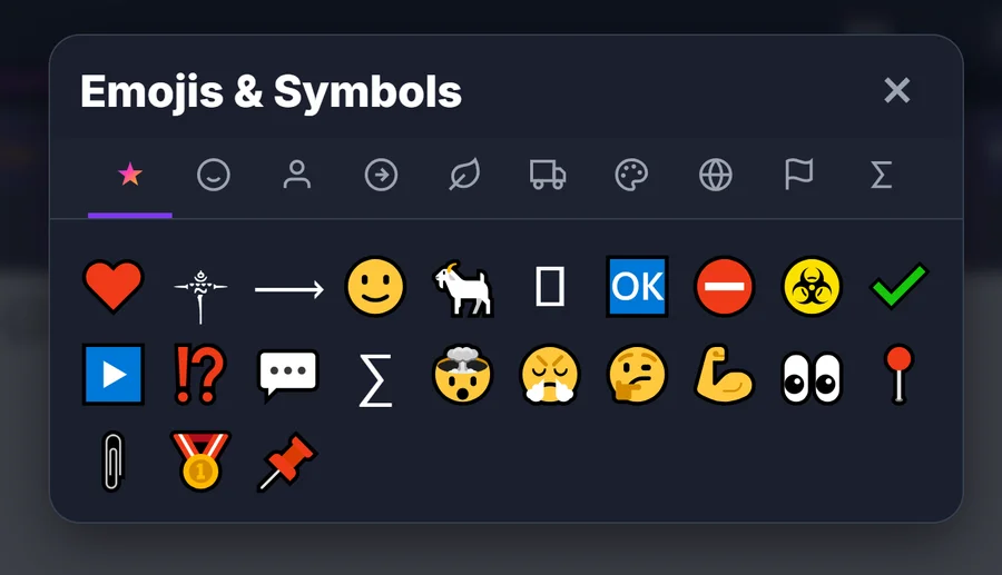 Capture d'ETeext : l'onglet Préférés du panneau Émojis & symboles, affichant les émojis les plus utilisés.
