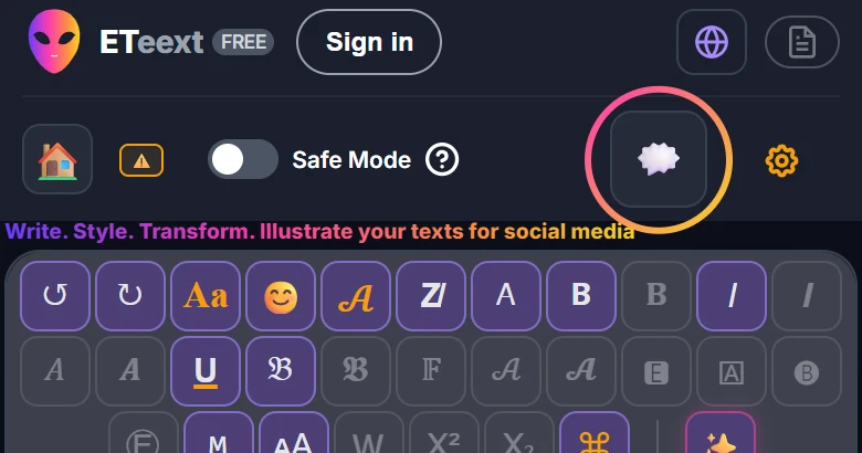Capture de l’en-tête d’ETeext sur téléphone : le bouton punchline, entouré, sur la deuxième ligne après le Mode Sécurité.
