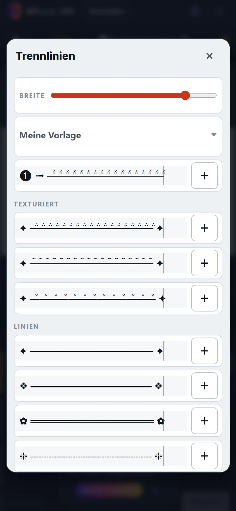 Screenshot von ETeext: das Fenster Trennlinien mit fertigen Linien, nach Familien geordnet.