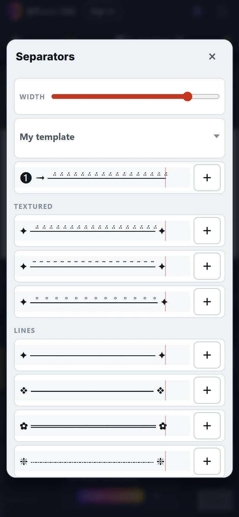 Screenshot of ETeext: the Separators window, showing ready-made lines grouped in families.