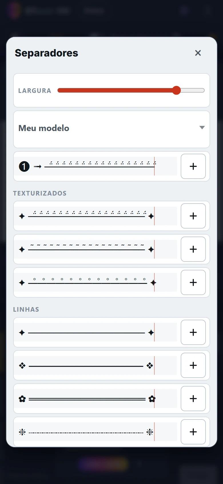 Captura do ETeext: a janela Separadores, com linhas prontas para inserir agrupadas por famílias.