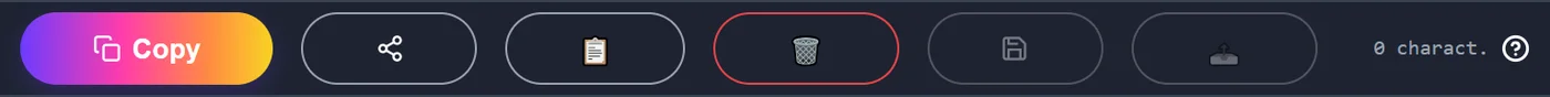 ETeext action bar: a Copy button as a gradient pill, then five icons — three connected nodes, a clipboard, a trash can with a red outline, a floppy disk, and a tray with an upward arrow. The last two are dimmed. On the right, the character counter and an information icon.