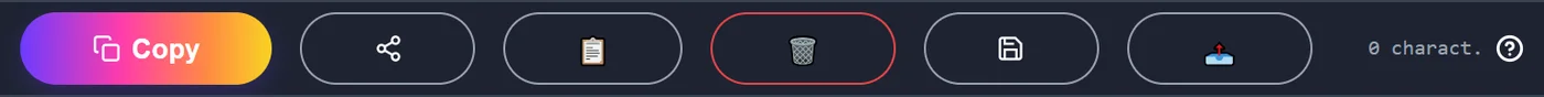 ETeext action bar with PRO: a Copy button as a gradient pill, then five icons — three connected nodes, a clipboard, a trash can with a red outline, a floppy disk, and a tray with an upward arrow. All five are fully visible. On the right, the character counter and an information icon.
