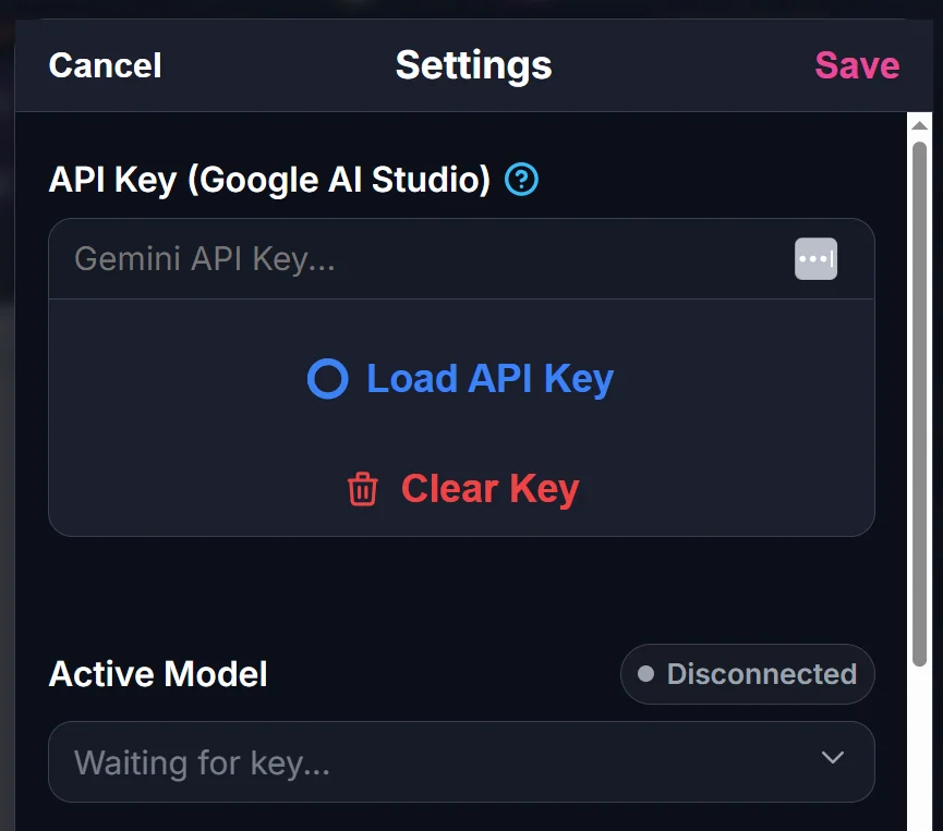Settings panel showing an empty API Key field, with Load API Key and Clear Key buttons, status Disconnected.