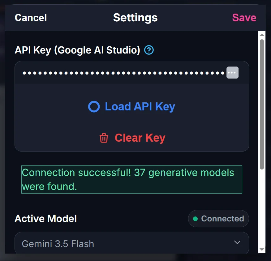 Settings panel with the API Key field filled, success message "Connection successful! 37 generative models were found", Active Model set to Gemini 3.5 Flash, status Connected.
