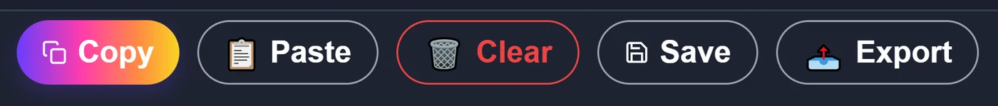 Action bar with five buttons: Copy (highlighted), Paste, Clear, Save, and Export.