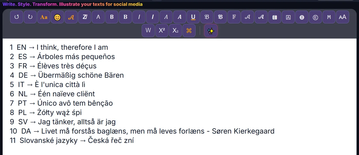 Contoh frasa beraksen dalam beberapa bahasa, tanpa gaya diterapkan (panah adalah emoji ETeext).