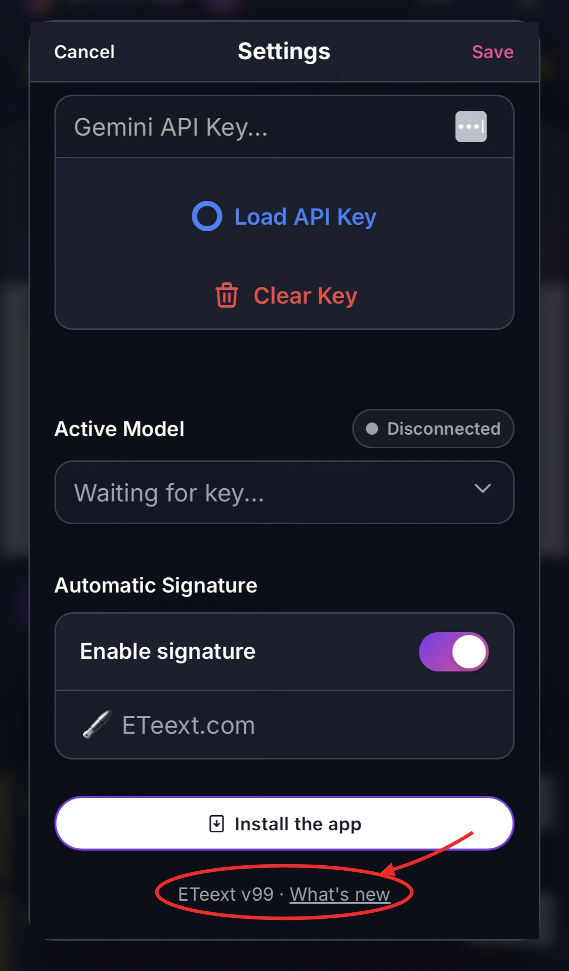 Phần dưới cửa sổ Cài đặt của ETeext, với phiên bản “ETeext v99 · What’s new” được khoanh đỏ.