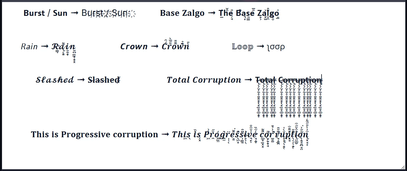 The same text samples with Zalgo corruption AND additional styles applied (bold, italic, gothic…), showing the combined effect.